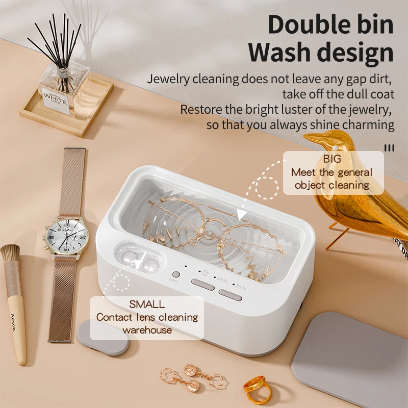 Adjustable Timer 48Khz Ultrasonic Cleaner, Double Bin Vibration Cleaning for Jewelry, Home Use