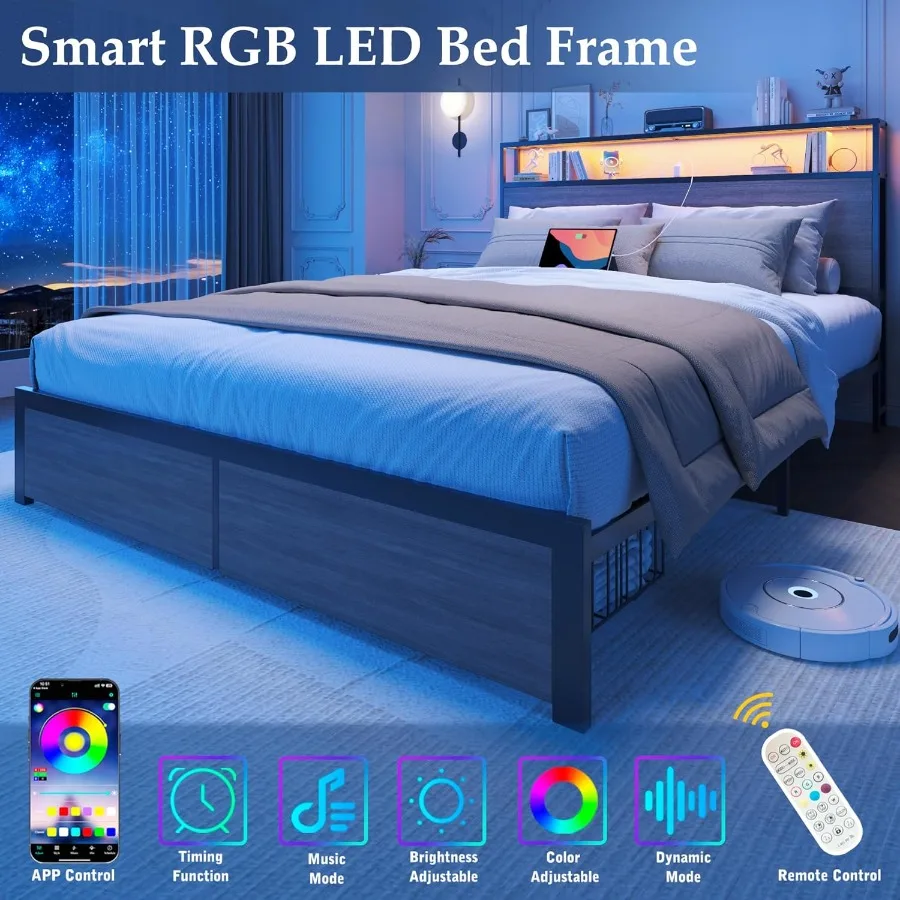 إطار سرير كوين مع لوح رأسي للتخزين من طبقتين لغرف النوم الحديثة: هيكل معدني مع أدراج تخزين مخفية مدمجة بمنفذ USB