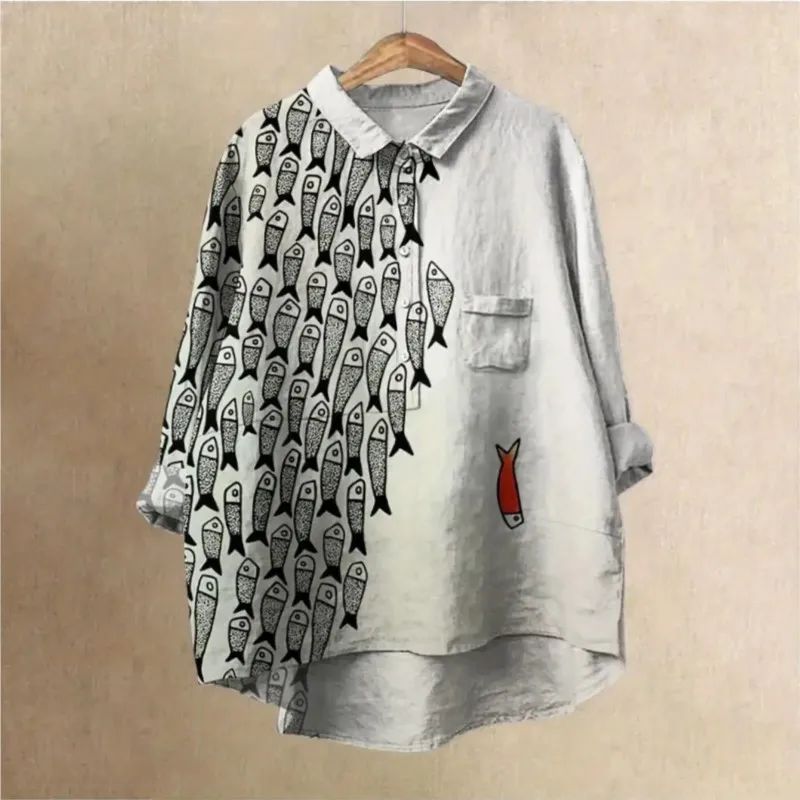 

A shirt with artistic conception Ladies' casual loose fit floral printed button up shirt -Fish school pattern