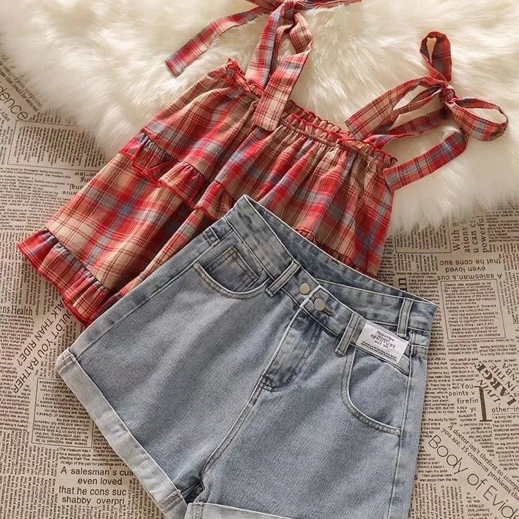 2026 summer Girls set Clothes teenager plaid short sleeve t-shirt  strap top + shorts jeans pants 4 5 8 10 11 12 year American