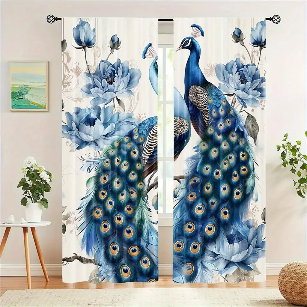 2 Pcs Peacock Garden Curtains Vintage Art Print Living Room Bedroom Study Sun Shade Curtains Elegant Home Decoration