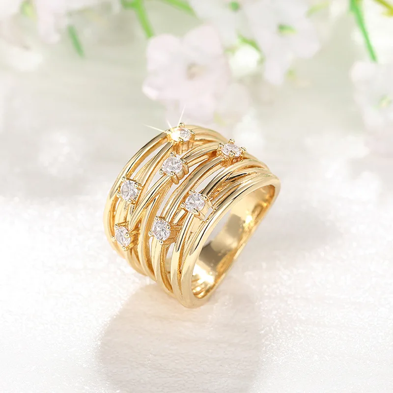 2026  Hyperbole Gold Color Wide Band Women's Rings Intersperse Bling Cubic Zirconia Wedding Finger Jewelry Party Accessories
