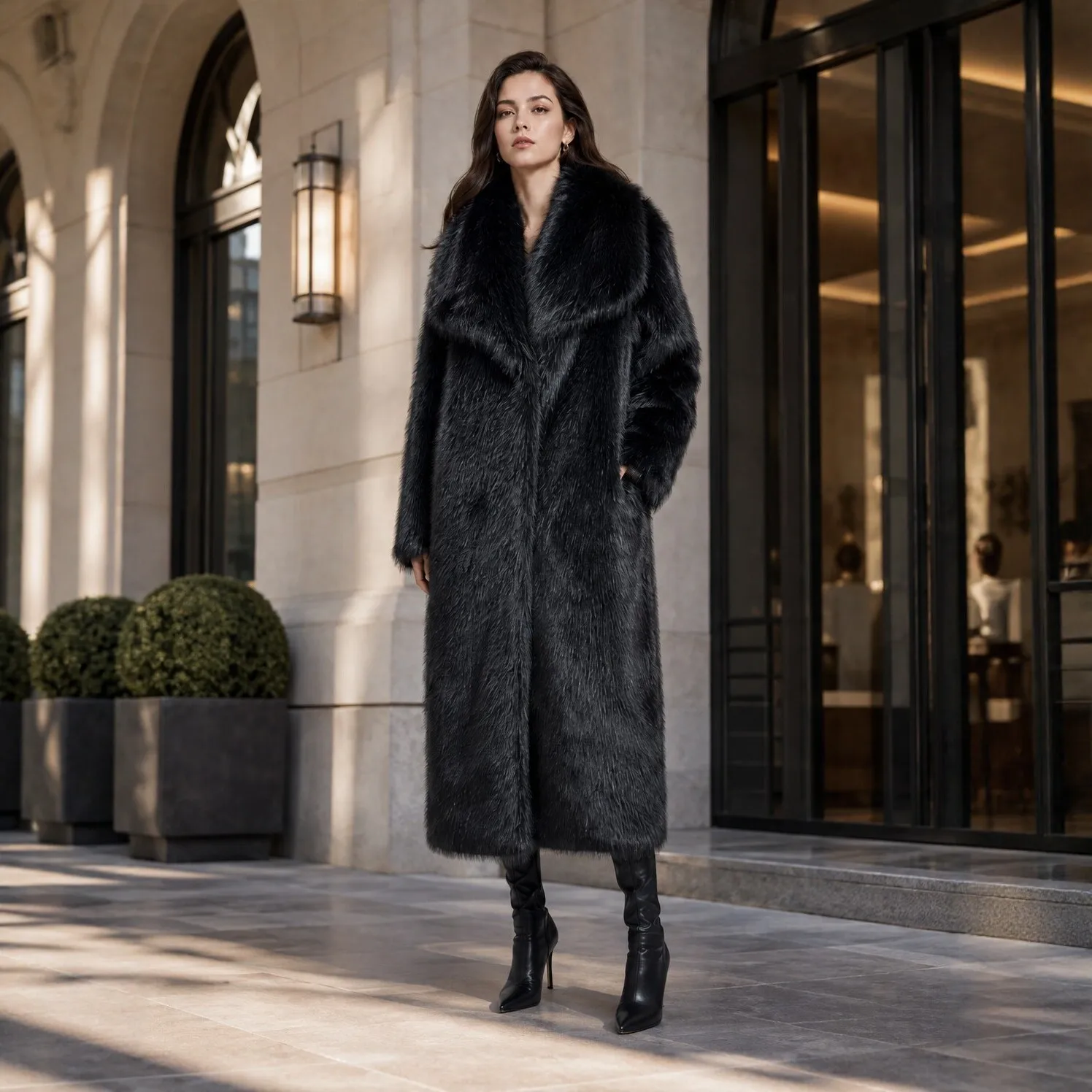 Black Short Faux Fox Fur Autumn Winter Collarless Cardigan High Waist Thick Plush Warm Women's Coat