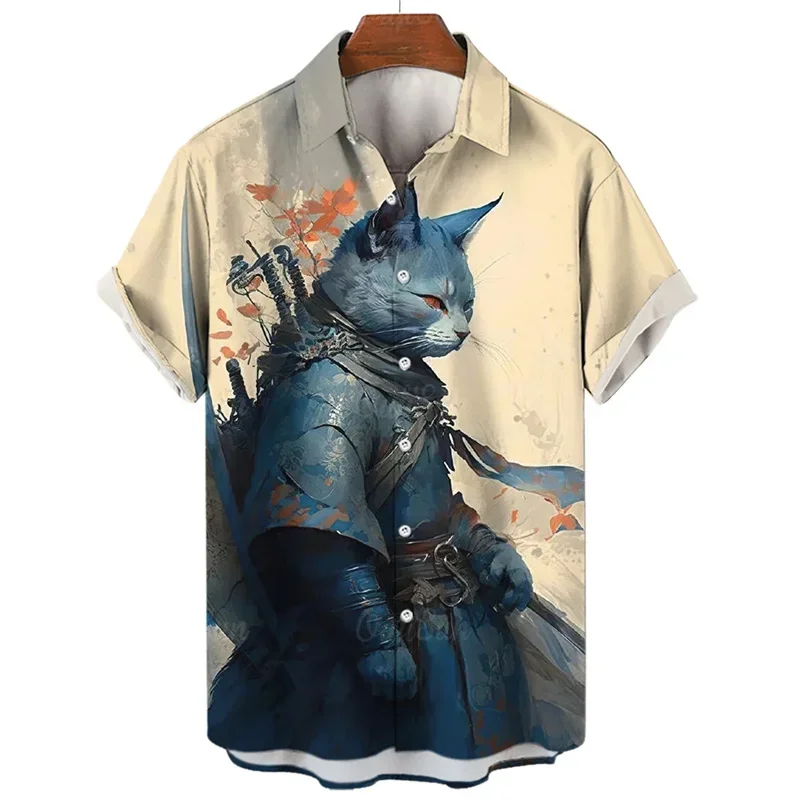 Fashion Men\'s hawaiian shirts 3D Print Japanese Camurai Cat Casual Shirts For Men summer short sleeve tee tops Aloha Shirts