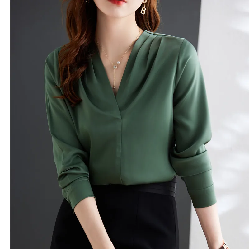 Gray V Neck Shirt Women Formal Autumn New Temperament High End OL Chiffon Long Sleeve Blouses Office Ladies Work Tops White