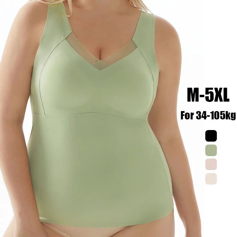 M-5XL For 35-105kg Plus-Size Women Camisole Top With Chest Pad Bottoming Vest Seamless Breathable Safety High Elastic Underwear