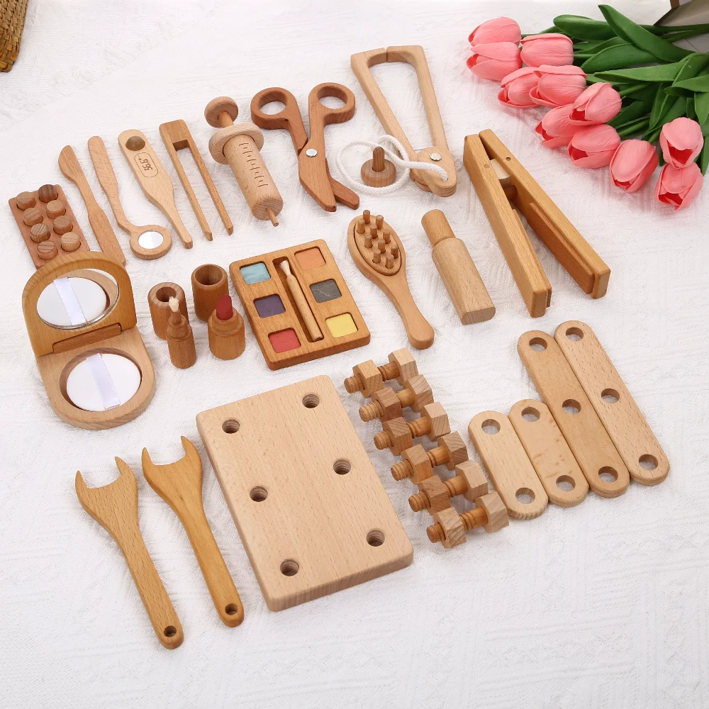Caja médica de simulación de madera para niños, bolsa de cosméticos de inyección de estetoscopio, juego de maquillaje, caja de herramientas con tornillo de juguete para niños