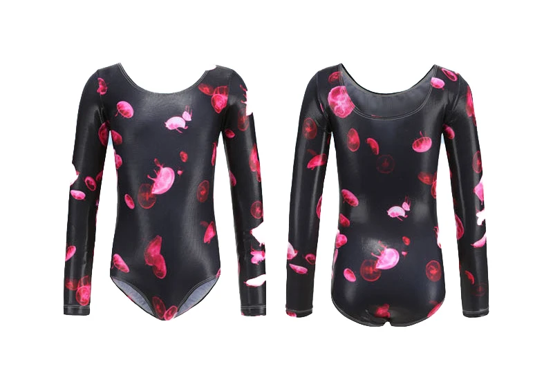 Body da balletto con stampa colorata per bambine costume da bagno da ginnastica lucido per ballare tuta intera in Spandex a maniche lunghe