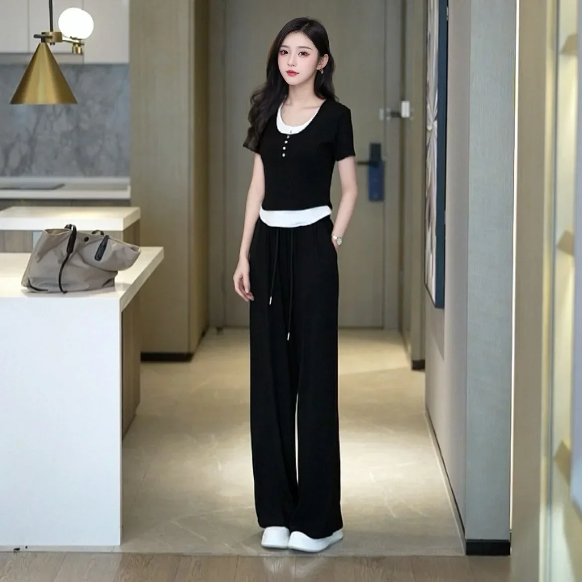 Ladies Trouser Baggy Summer 2024 Black Women's Top and Pants Two Piece Set with Sleeve New in Matching Groups Korea Stylish D Of