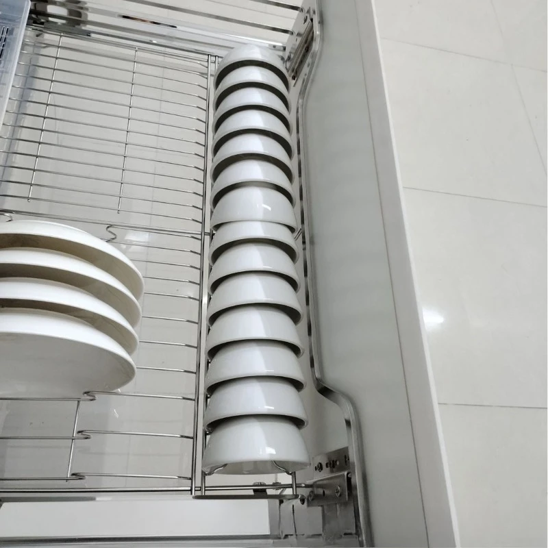 

Stainless steel 304 flat steel dishes basket kitchen cabinet basket double buffer drawer flat steel four-sided dishes