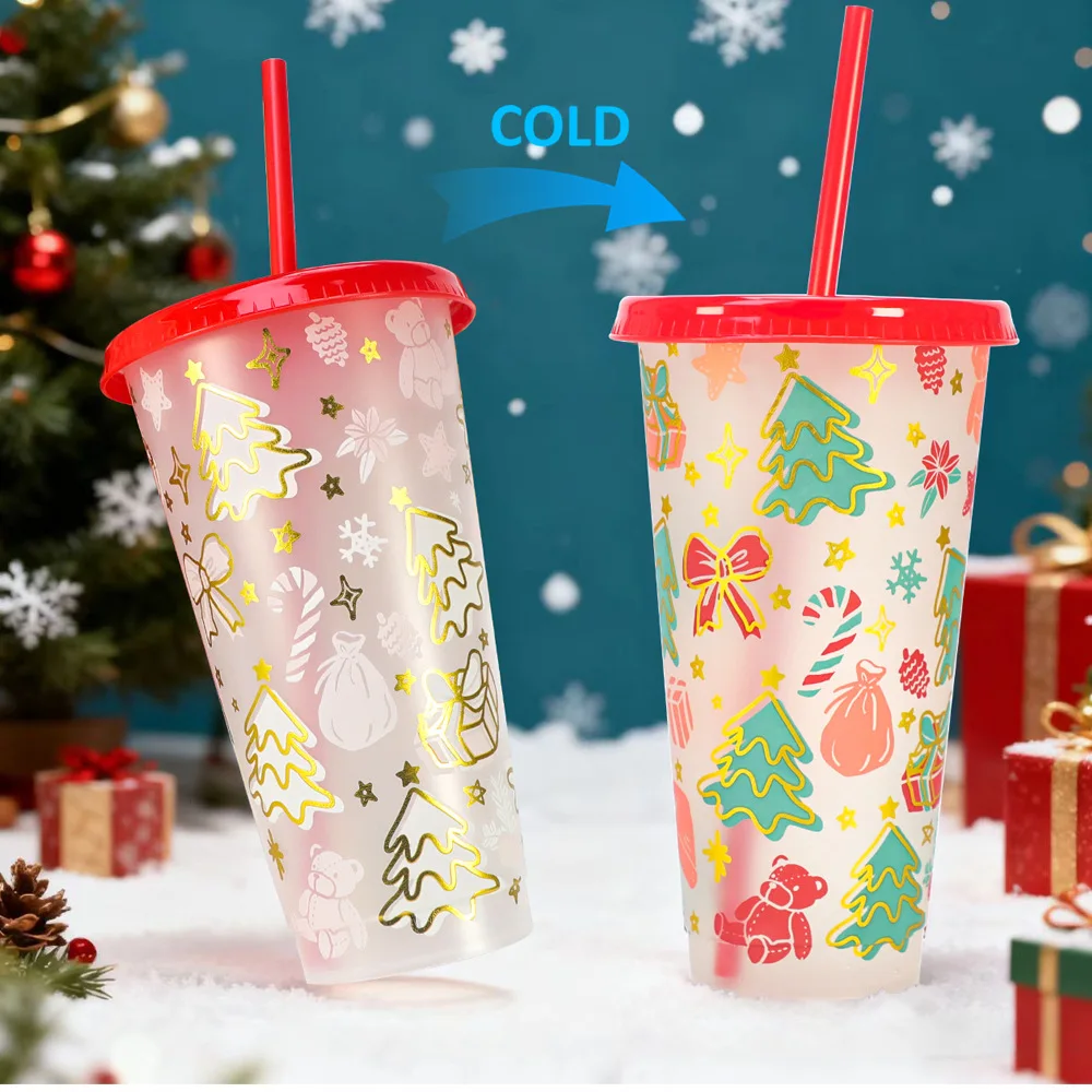 Christmas Color Changing Plastic Straw Cup Santa Design Reusable Cup with Lid for Party Iced Drinks Mug Xmas Gifts Navidas Cup
