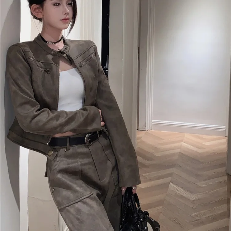 American Style Retro Motorcycle Jacket Short Women's Suede Coffee Color Cool Atmosphere Coat Autumn 2026 New Model