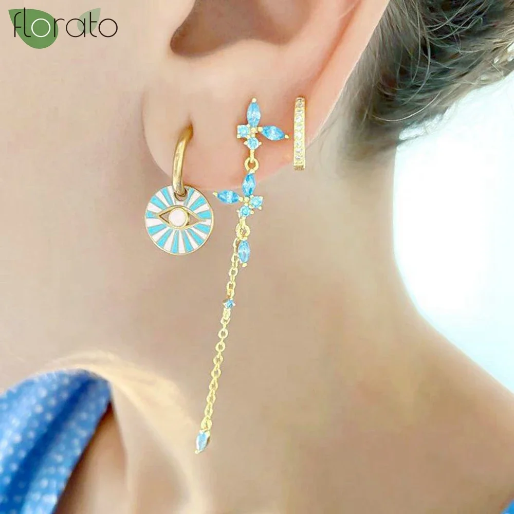 925 Sterling Silver Small Hoop Earrings, Blue Pendant