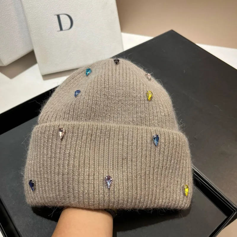 Shiny Fashion Warm Cashmere Wool Skullies Angola Rabbit Fur Winter Knitted Beanies Women Cap Female Three Fold Ski Outdoor Hats