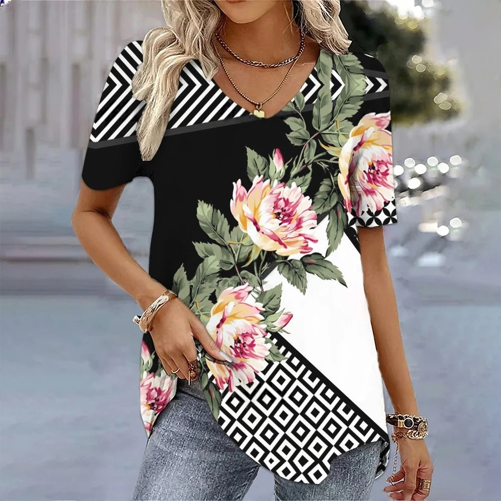 

Y2k T-Shirt for Women Floral Print V-Neck Short Sleeve Tops Summer Fashion Blouse Female Harajuku Clothes Oversized Daily Tees