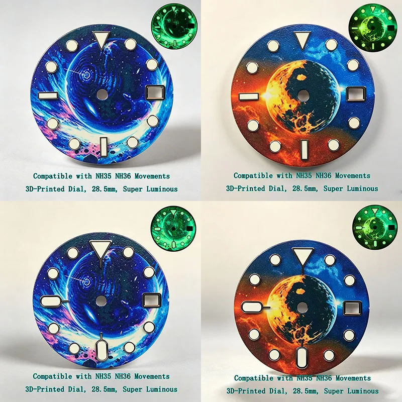 MechJazz 28.5mm Universe Planet Space Pattern Watch Dial, Super‑Luminova Luminous, Compatible with NH35,NH36 Automatic Movements
