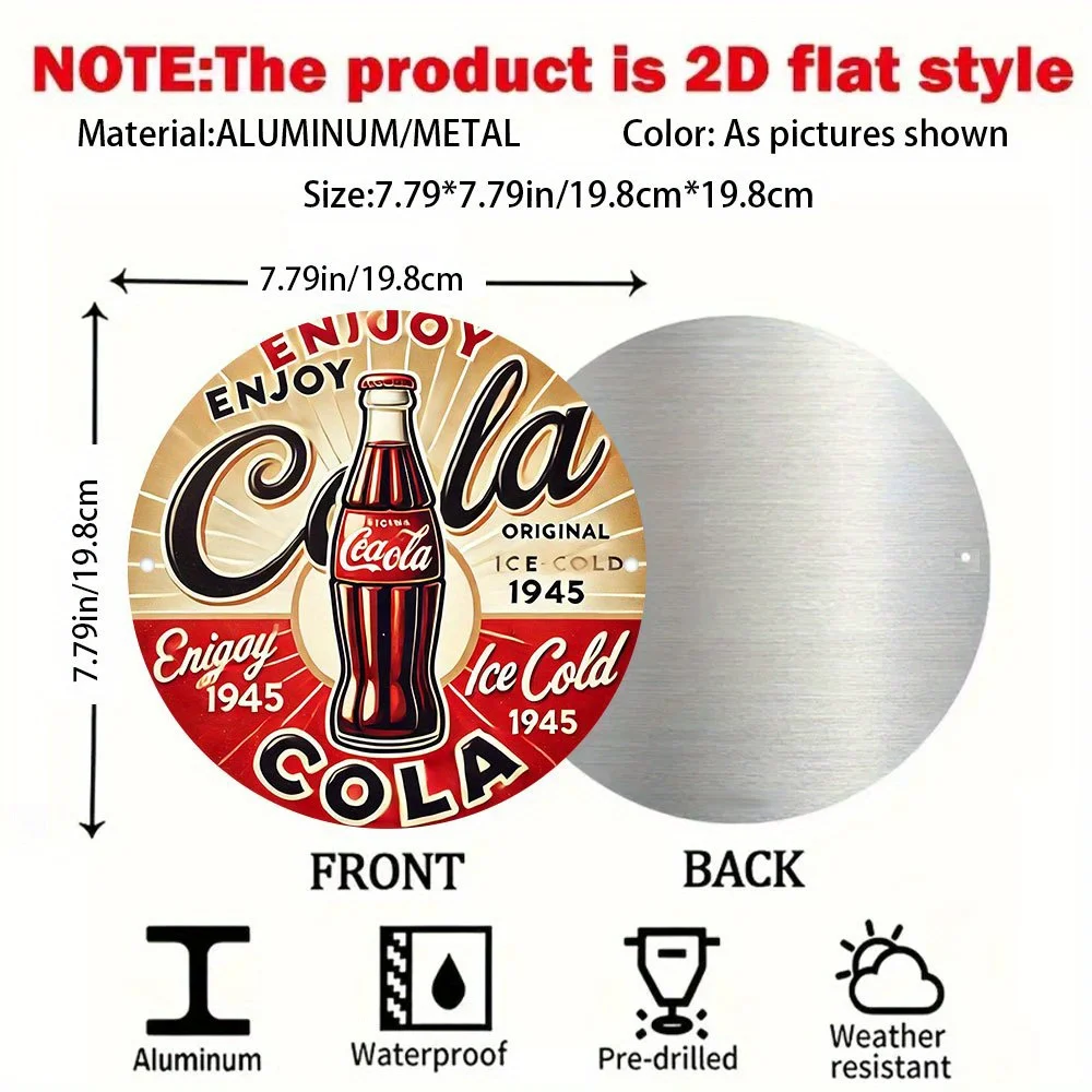 مسطح ثنائي الأبعاد، [مسطح] قطعة واحدة مستديرة عتيقة 1945 استمتع بعلامة كولا آيس كولد - ديكور حائط من الألومنيوم للمنزل والبار، للسيارة والحديقة -