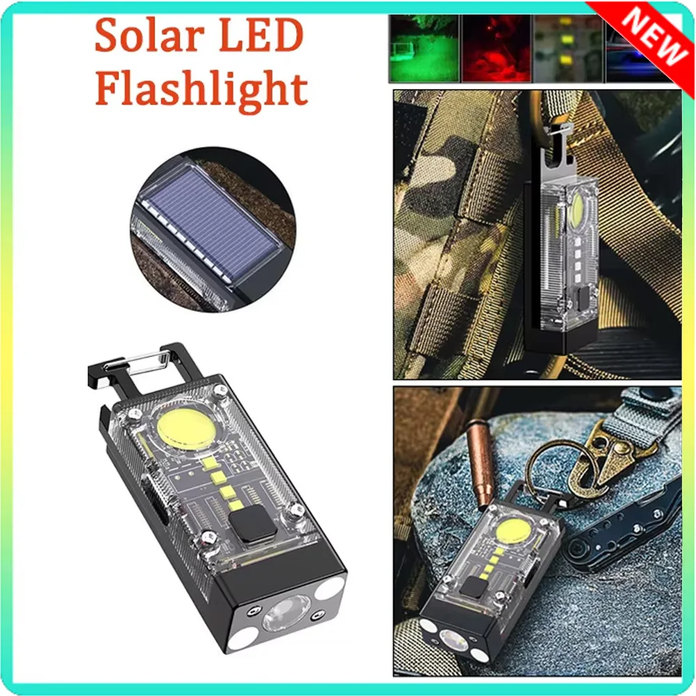 Transparent Keychain LED COB Flashlight 500LM Solar Type-C USB Rechargeable Torch Flashlight Waterproof Emergency Work Lamp