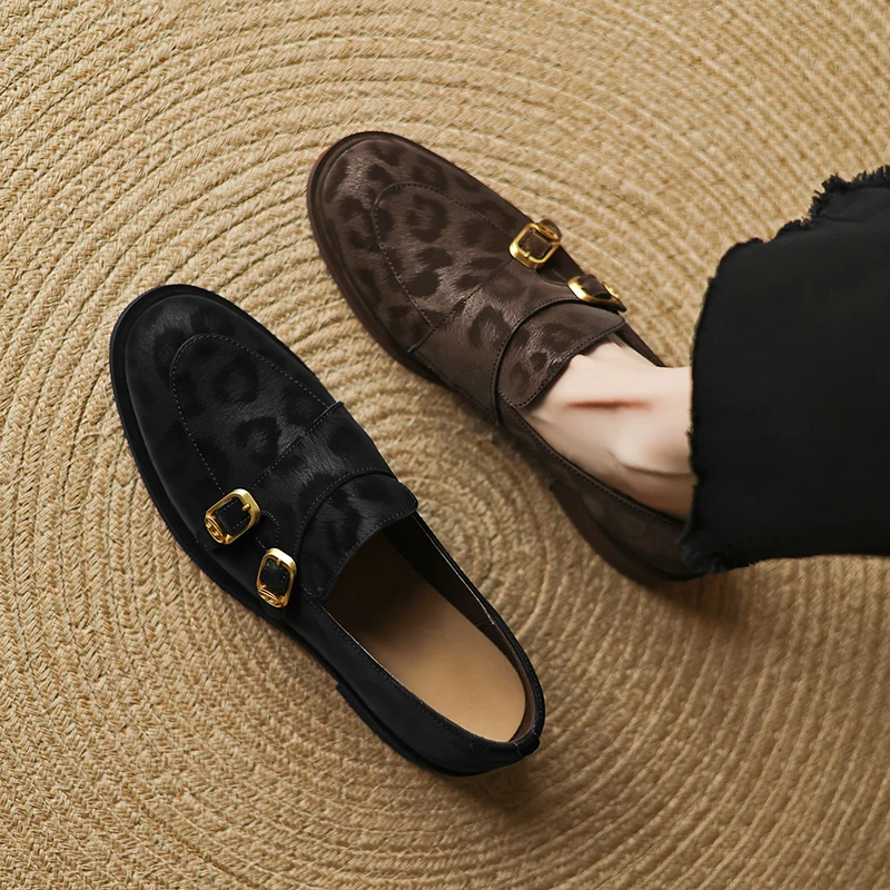 ليوبارد الراهب أحذية النساء جلد العجل جلد طبيعي مشبك حزام البروغ نمط جولة تو عارضة السيدات الشقق اليدوية