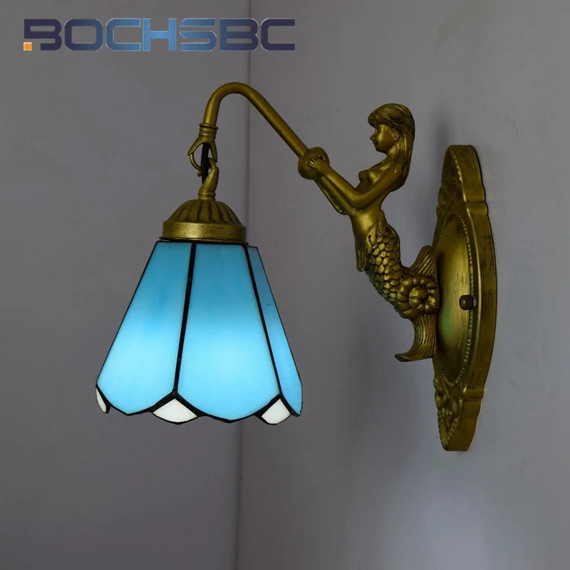 BOCHSBC Tiffany style stained glass mermaid blue Mediterranean wall light dining room bedroom bed corridor sconce light LEDdecor