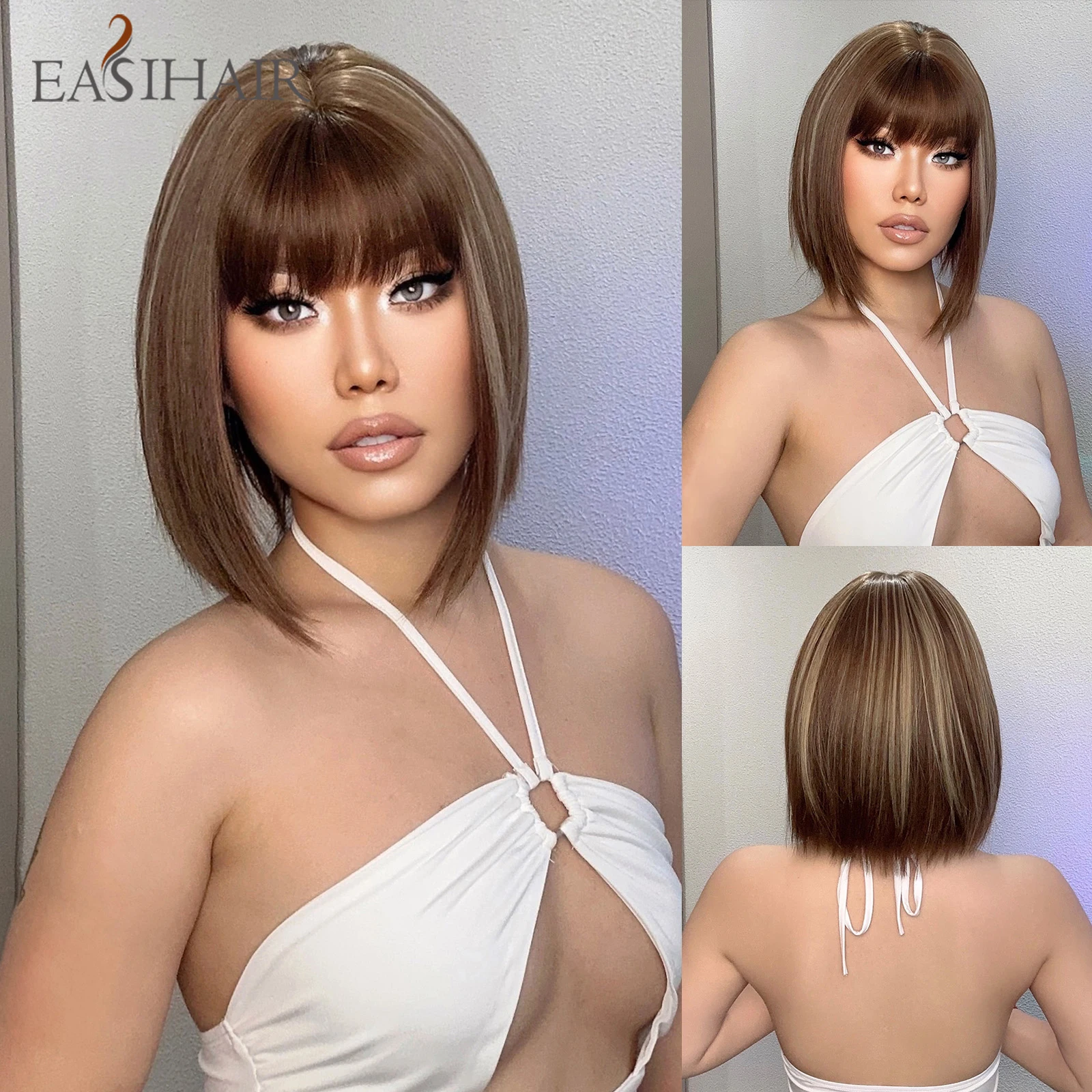 

EASIHAIR Short Straight Bob Wigs with Bangs Brown Highlight Natural Synthetic Hair for Women Cosplay Daily Heat Resistant Wigs