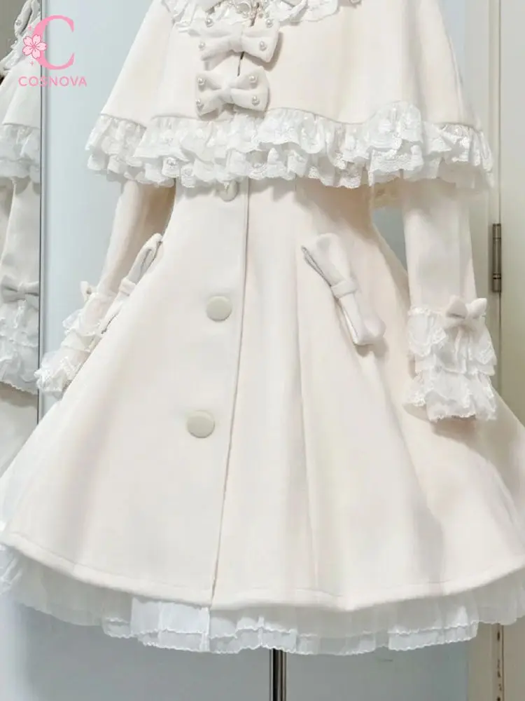 Sweet Lolita Cape Coat Set Women Bowknot Pearl Lace Trim Ruffle Puff Sleeve Winter Tea Party Kawaii Japanese Princess Fashion image 2