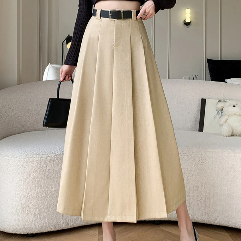 

Mid Length Skirt for Women 2024 Spring New High Waist A-line Large Swing Umbrella Skirt OL Knee Length Suit Pleated Long Skirt