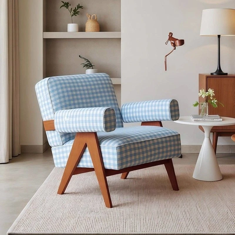 

sofa chair, retro small apartment living room, blue plaid lazy leisure chair