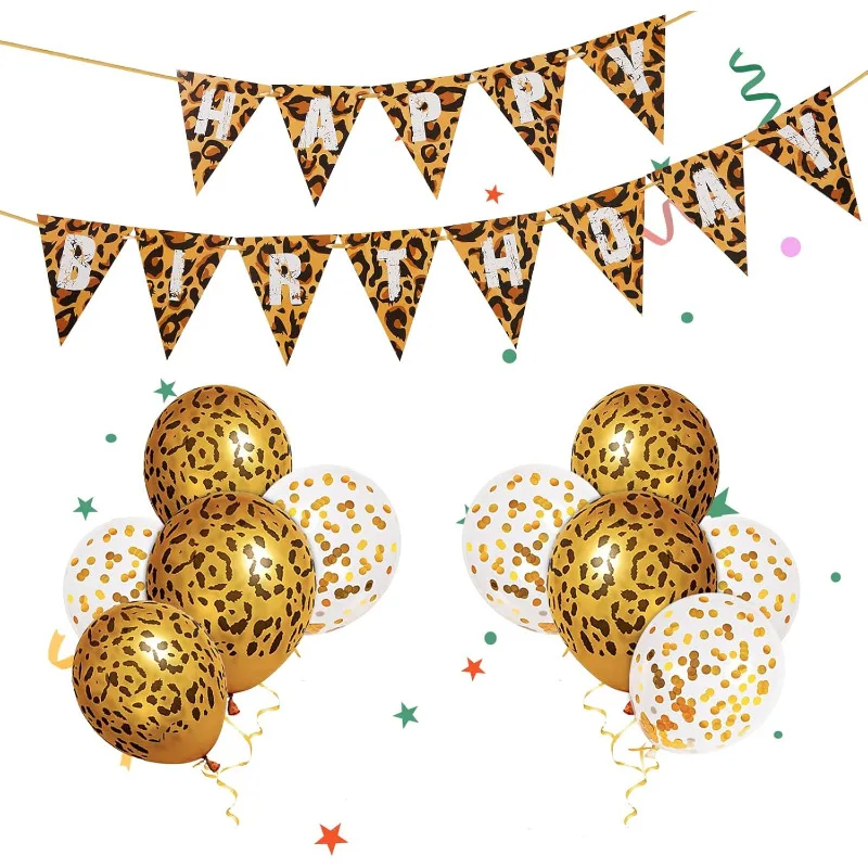 Cheetah Theme Leopard Print Happy Birthday Triangle Banners Balloons Kit for Animal Birthday Baby Shower Party Decoration Supply