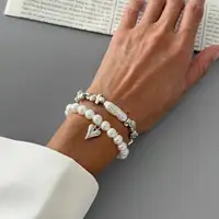 Bracelet élégant en Imitation de perles pour femmes, style bohème, corde élastique, chaîne, avec pendentif en forme de cœur, bijoux cadeau, 2 pièces/ensemble 3