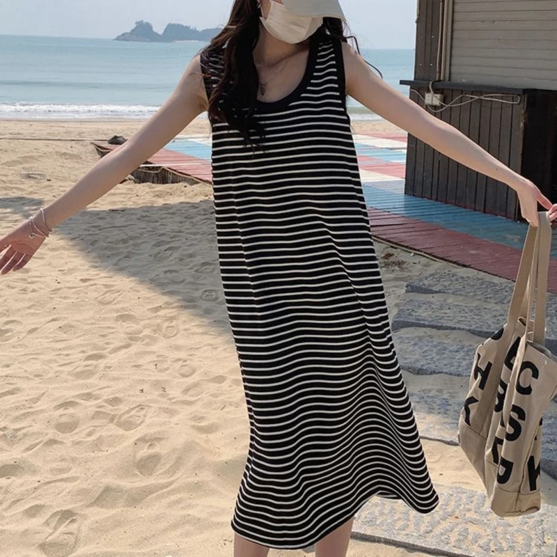 الصيف مخطط حزام طويل كاميس سترة فستان المرأة فضفاضة تي شيرت غير رسمي الركبة طول عطلة الشاطئ الشاطئ طويل ألف خط تنورة