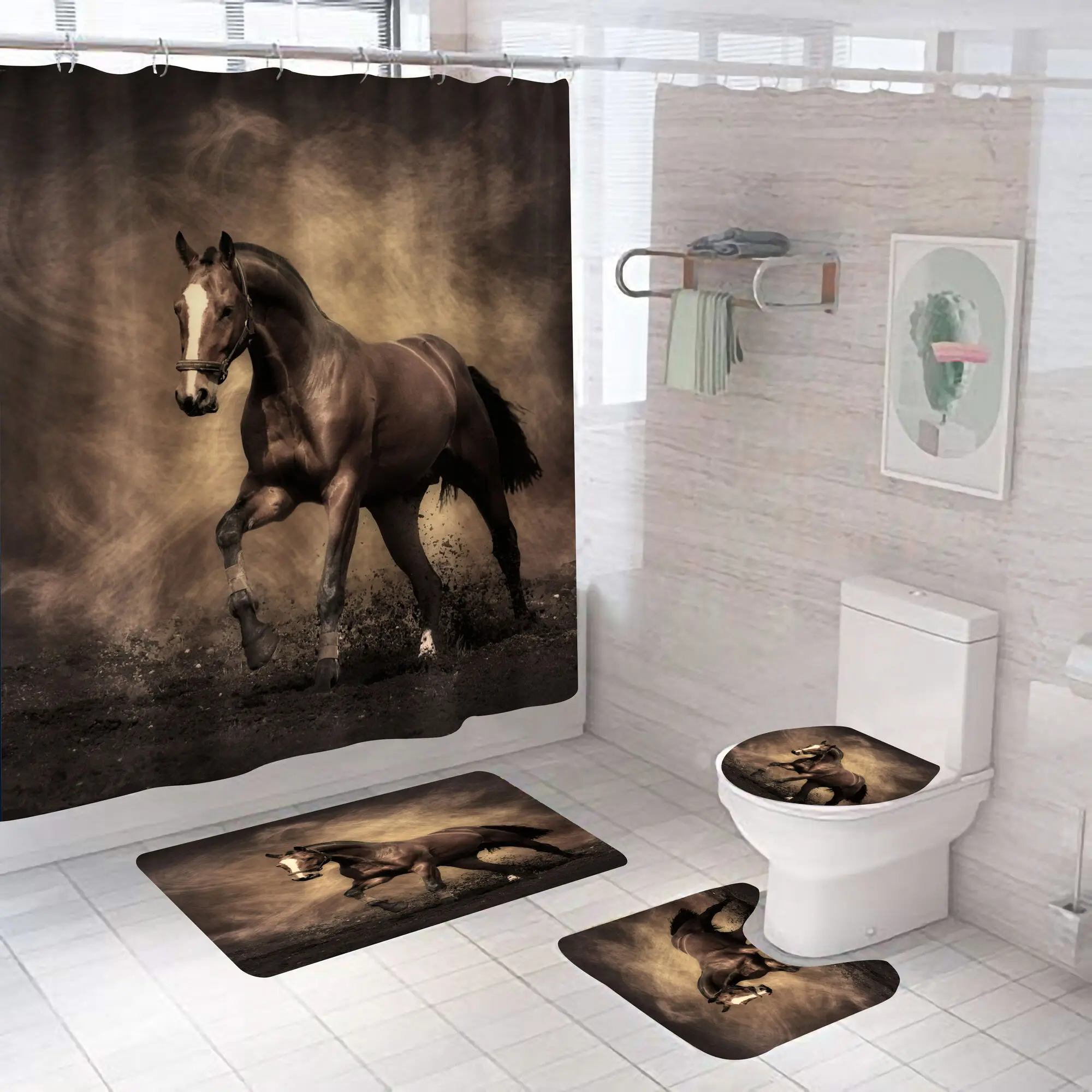 Horse Running Shower Curtains Bathroom Decor Aniaml Printed Waterproof Polyester Fabric Home Bath Bathtub Curtain Set With Hooks