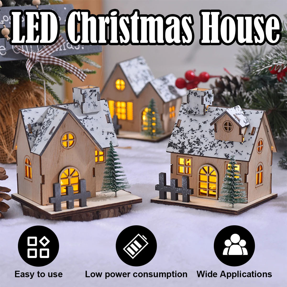 

Wooden House LED Light With Tree Lamp For Room Lanterns Wood For Christmas Luminous Up Ornaments Table Mini For Home Lights DIY