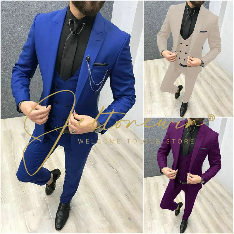 

2025 Casual 3 Piece Royal Blue Men Suits Peaked Lapel Custom Made Wedding Tuxedos Slim Fit Male Suits (Jacket+Pants+Vest+Tie)