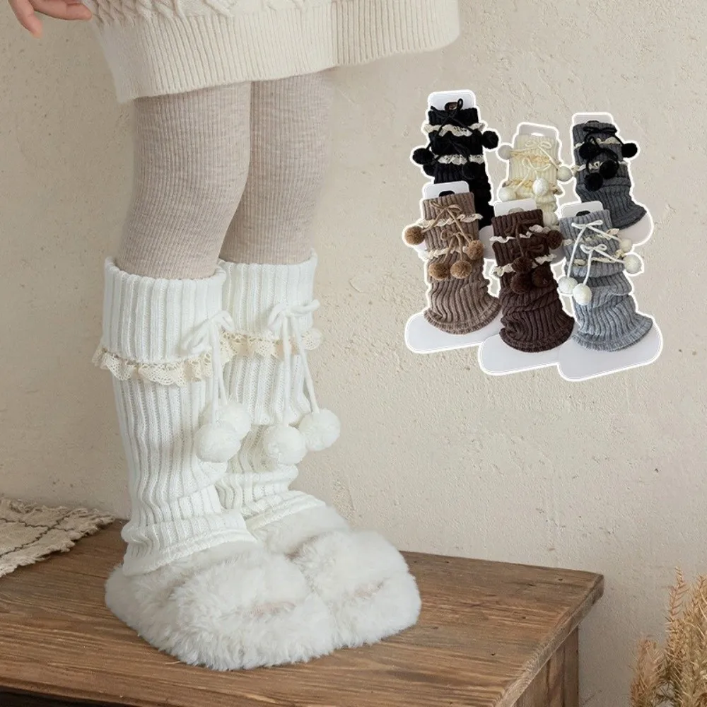 

New Solid Color Leg Warmers Thickened Knitted Mid-Calf Sock Lolita Bow Pompom Middle Tube Socks Autumn and Winter