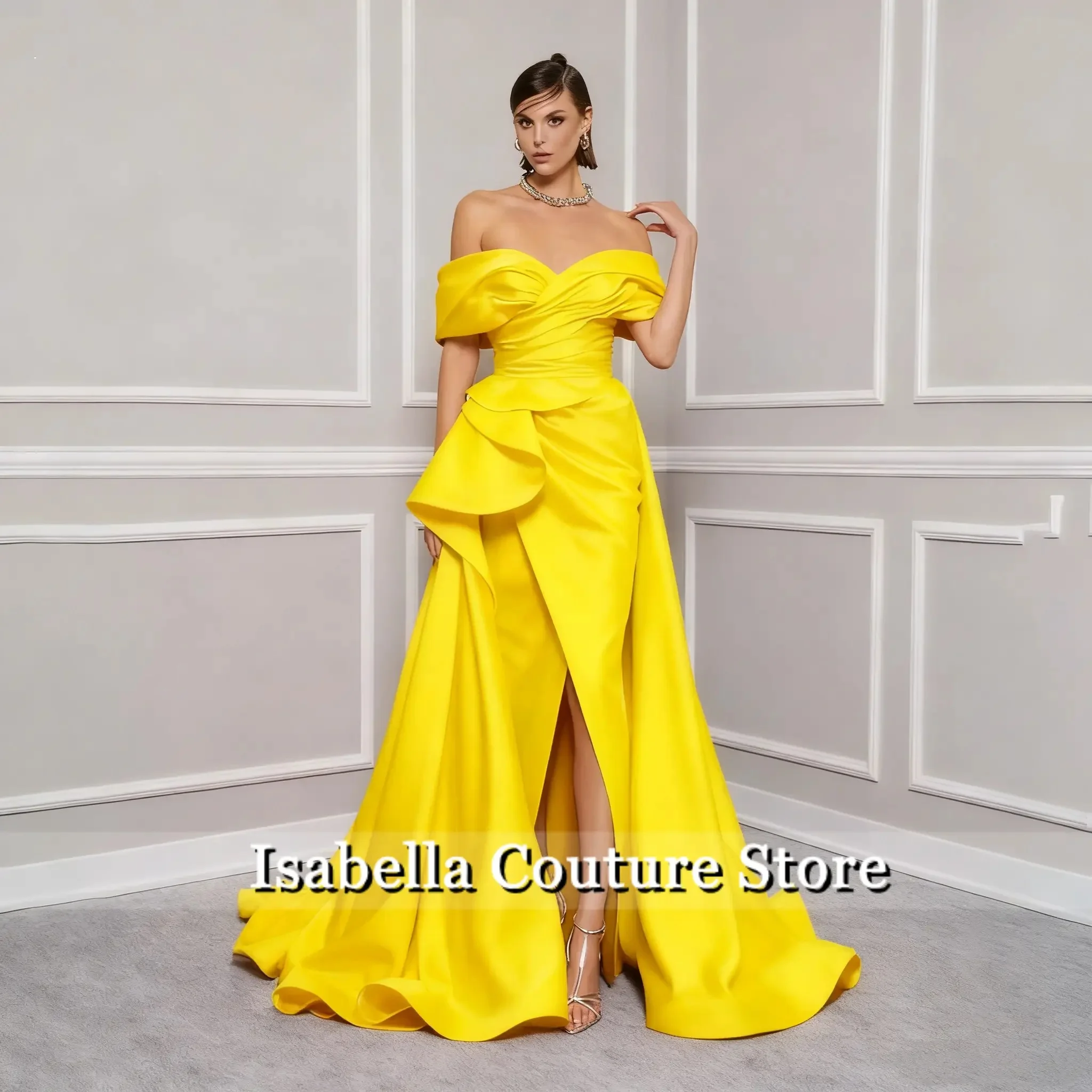 Red Elegant Prom Gown V-Neck Off the Shoulder Party Dress for Woman Satin Pleating Side Split Evening Dresses Customized