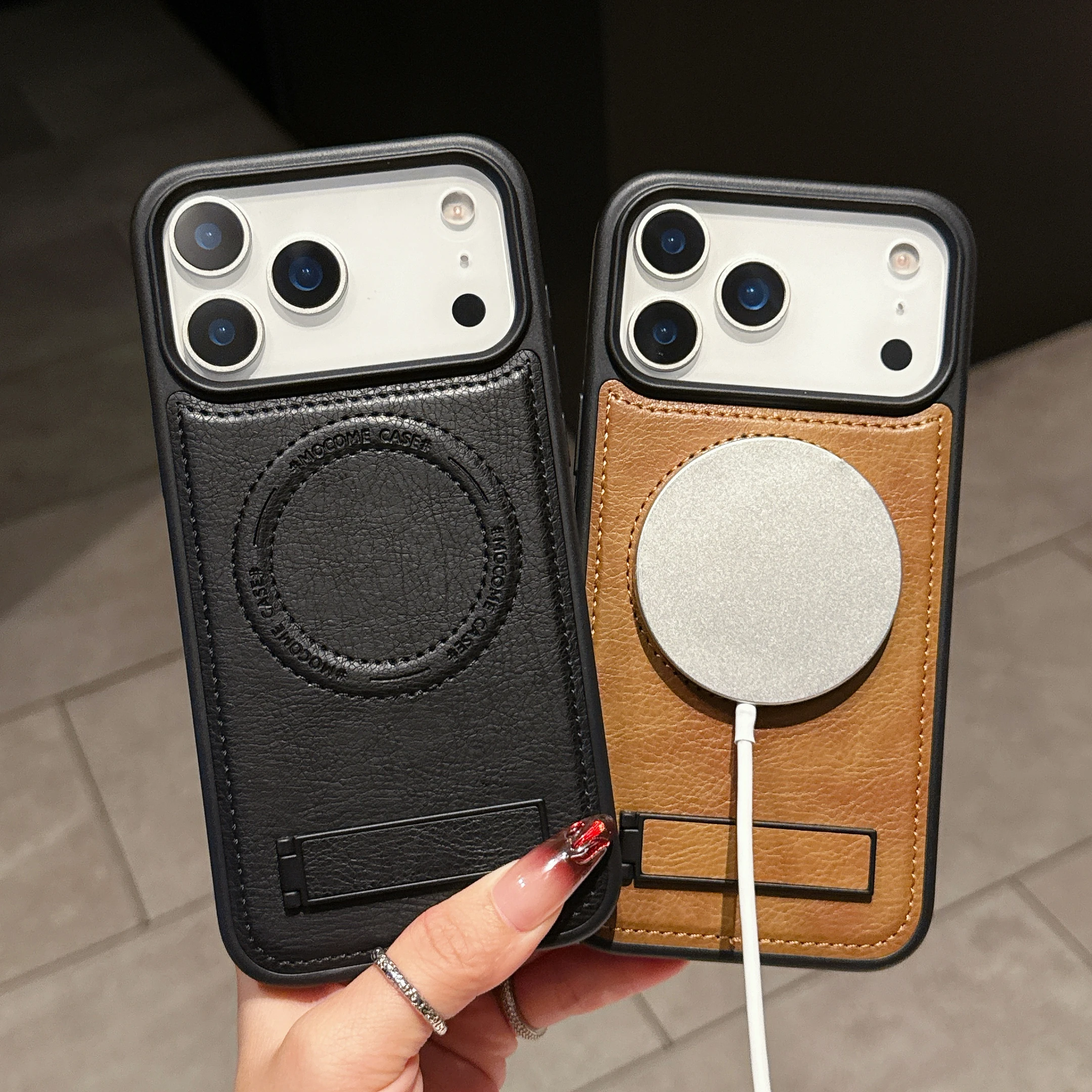 

Luxury Leather Invisible Stand Phone Case For iPhone17 16 15 13 14 12 11Pro Max 17 Air 16 14 15 Plus Magnetic Protective Cover