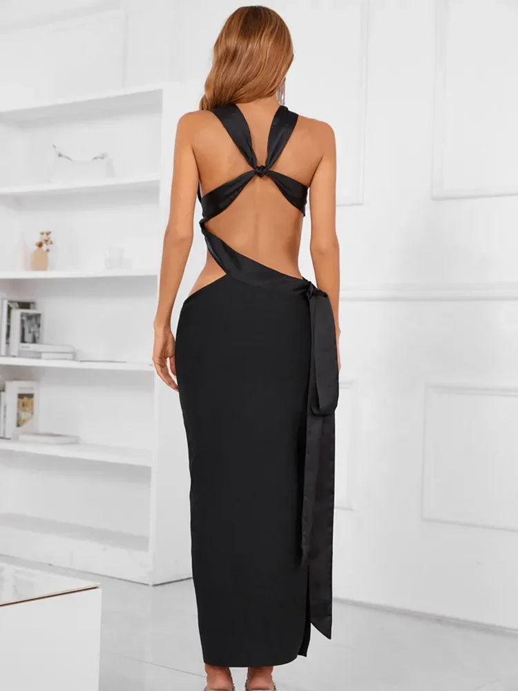 STOCK Summer New Women Summer Sexy Backless Halter Cut Out Black Bodycon Bandage Dress elegante Evening Birthday Party Dress