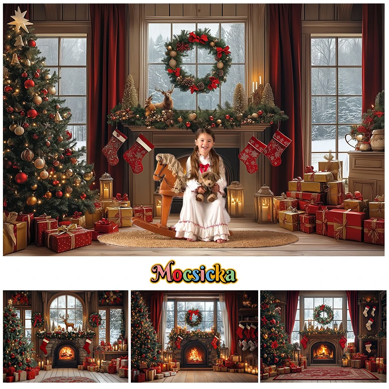 

Mocsicka Christmas Fireplace Photography Background Window Wreath Xmas Tree Decor Child Adult Family Photo Backdrop Studio