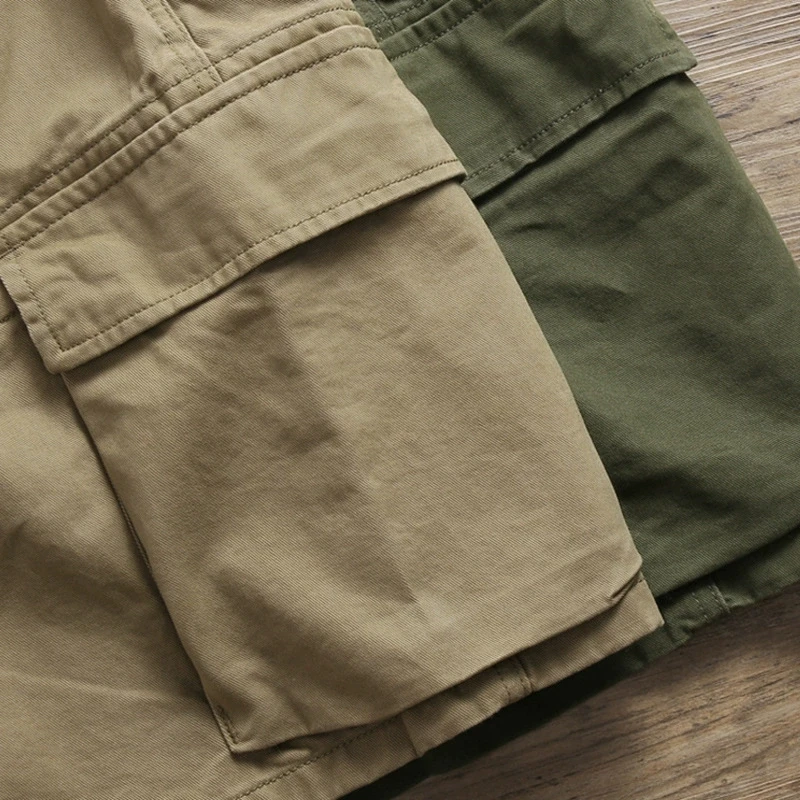 Japanese Style Summer Workwear Shorts Men's Retro Loose Straight Large Pocket Casual Cargo Short Pants Cotton Adjustable Belt