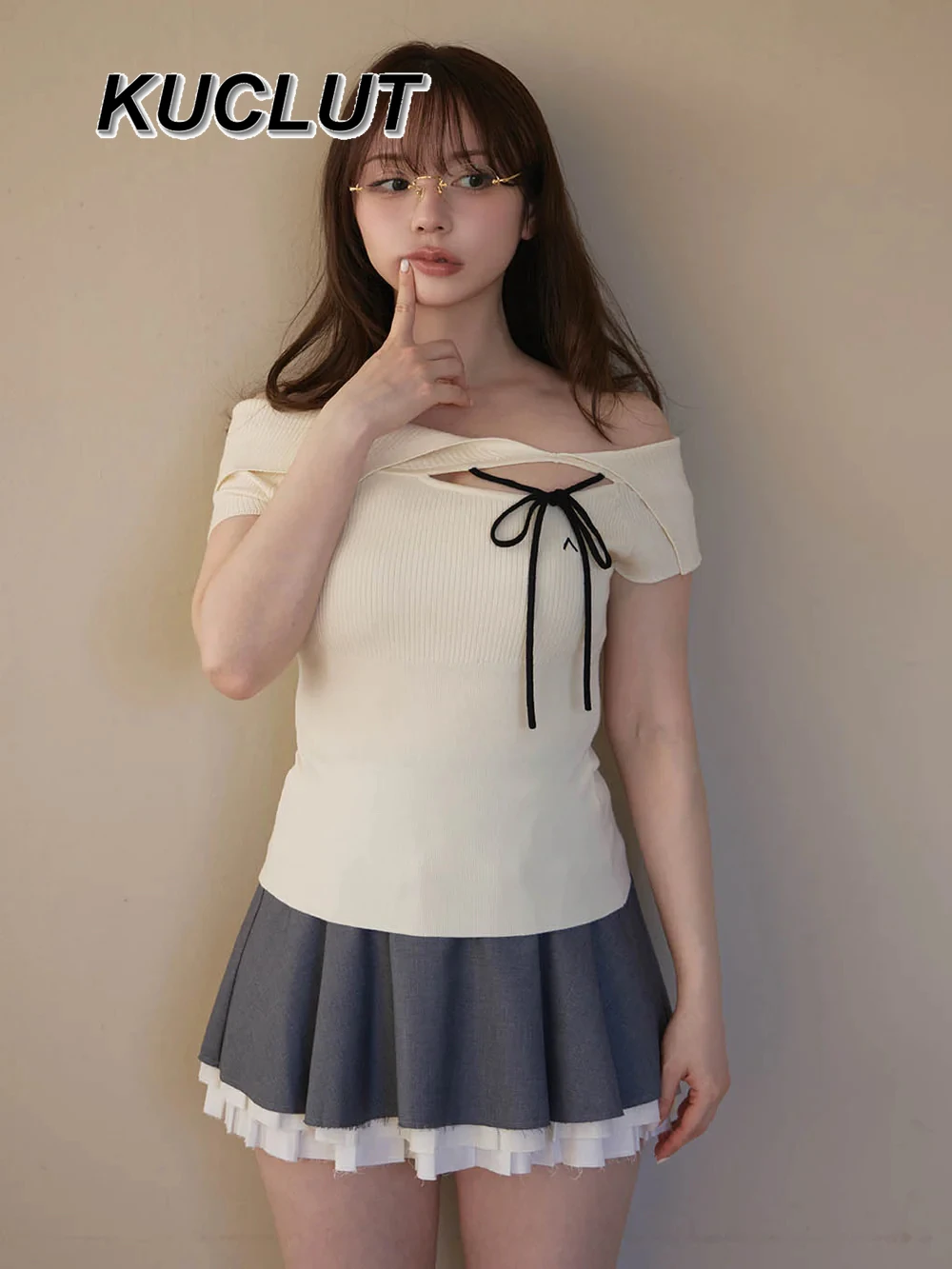 Japanese Style Lady Casual Tee New Off The Shoulder Tshirt Femme Knitted Short Top 2025 Summer Women‘s T-shirts Fashion