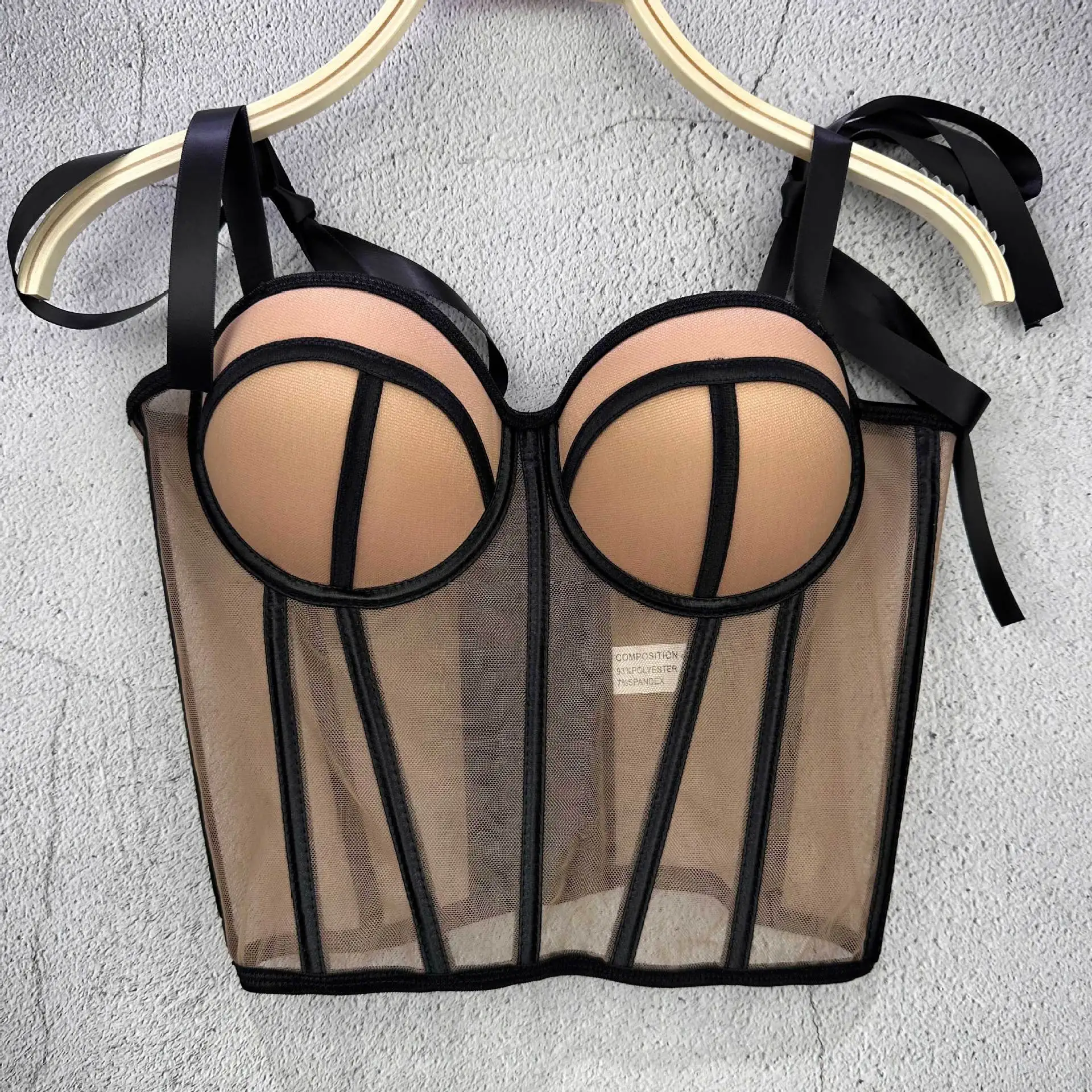 Mesh Transparent Contrasting Lines Women Bustie Sexy Bow Ribbon Ladies Corset Multi Colors Party Blackless Cropped Top Tank Top view 5