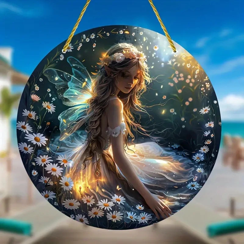 Fairy Suncatcher,Elf Dye Acrylic Translucent Window Hanging Ornament,Round Sign,Window,Home,Room,garden,Yard Decor,Holiday Gift