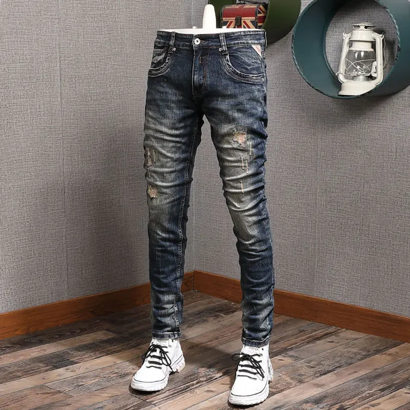 Italian Fashion Retro Blue Jeans for Men High Quality Slim Fit Casual Elastic Designer Pants Scratched Hombre