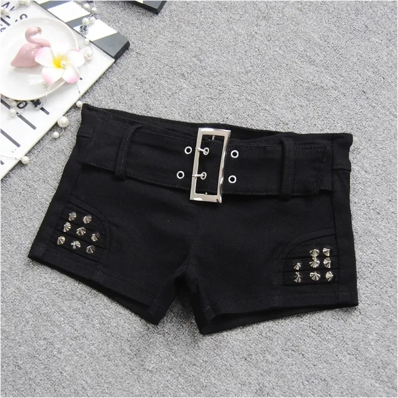 

Black Spicy Girl Low Waist Denim Shorts Women 2024 New Fashion Studded Bead Rivet Nightclub Sexy Slim Short Hot Pants Women