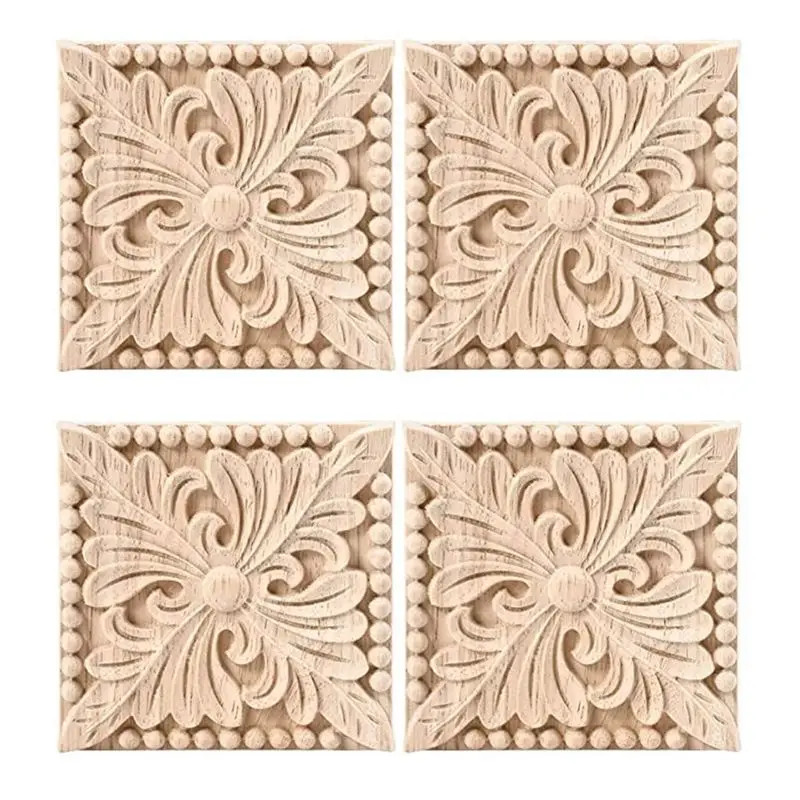 

A01F-8 Pack Wood Carved Applique Onlay Square Carving Decal Unpainted Flower Door Cabinet Furniture Decoration 3.94X3.94Inch