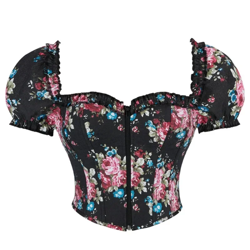 

Vintage Corsets for Women Sexy Overbust Gothic Slimming Shaper Summer Floral Print Puff Sleeve Tops