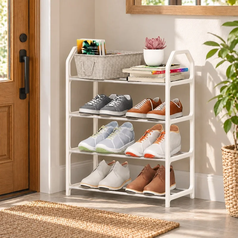 Space-Saving 4-Level Shoe Rack with Sturdy Trapezoid Metal Frame for Home Storage