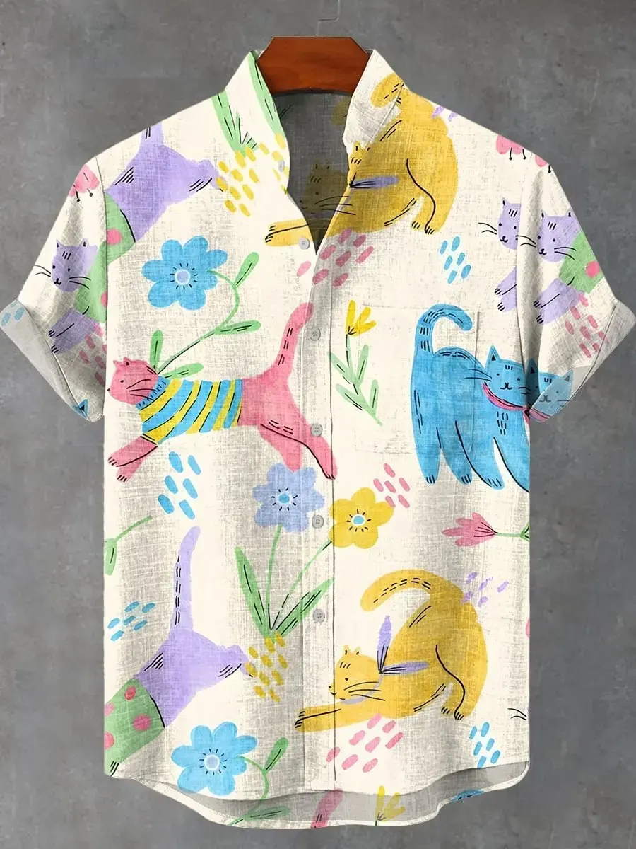2025 fashionable men's 3D printed cat design pattern men's button up collar comfortable and breathable casual plus size linen sh