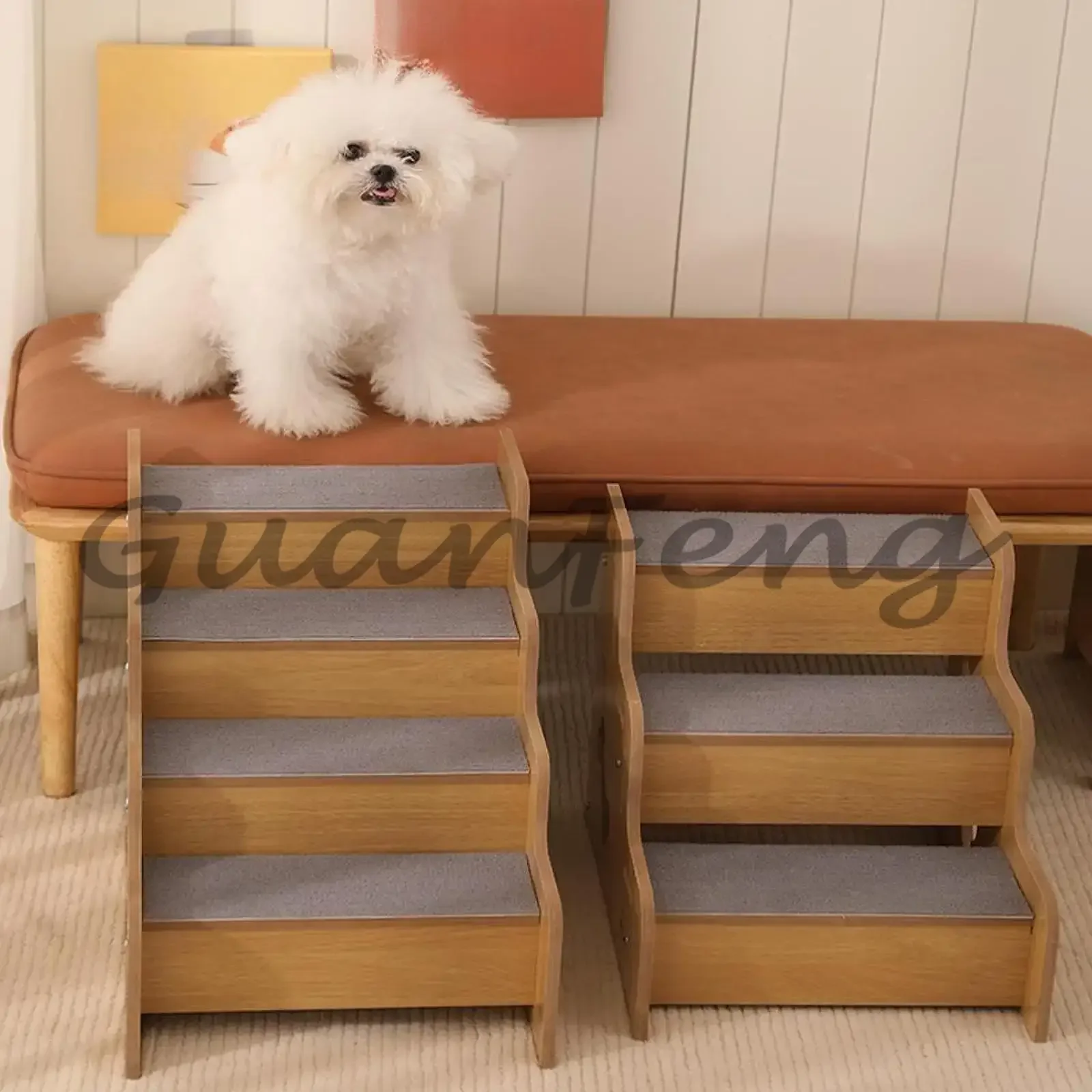 Wooden Pet Dog Stairs, Portable Lightweight Non-Slip Sloped Steps, Pet Ramp for High Bed, Sofa & Bedroom Furniture